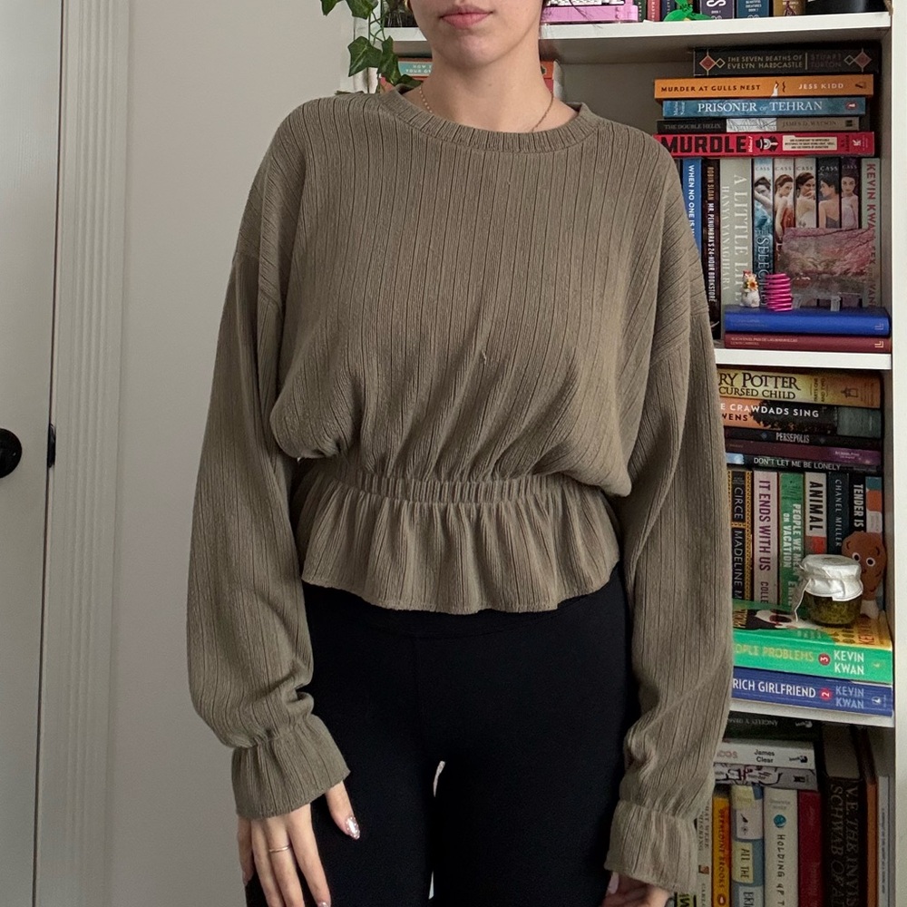 Zara Olive Ribbed Long Sleeve Shirt
